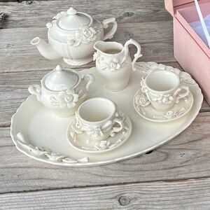 Delton Porcelain Mini Tea Set w/ Tray — Cream Appliqué Roses • New in Box